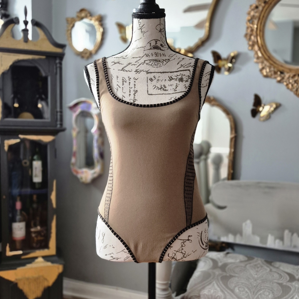 Tan Balletcore Bodysuit with Black Trim XS